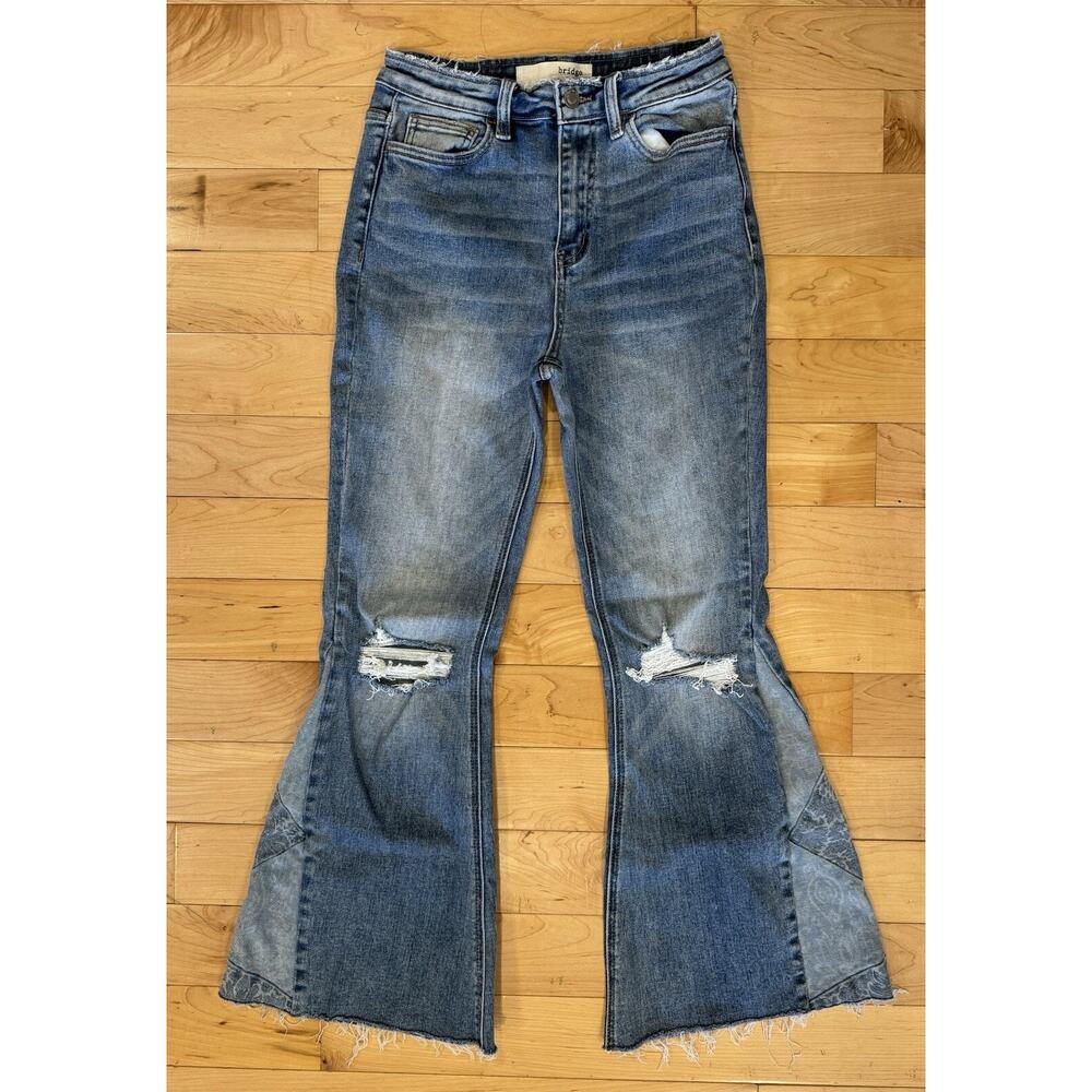 Bridge By Gly Women's Ultra High Rise Super Flare Jeans Distressed Size 28